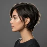 Woman with short layered haircut showing dimensional texture and movement in side profile view