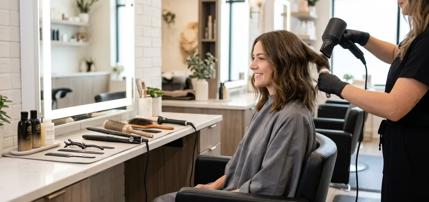 Professional salon station with styling tools arranged for shoulder length hair appointment