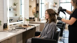 Professional salon station with styling tools arranged for shoulder length hair appointment