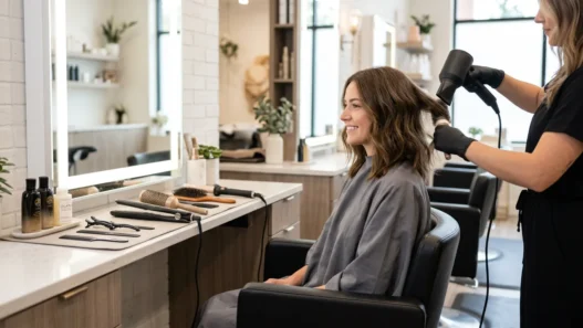 Professional salon station with styling tools arranged for shoulder length hair appointment