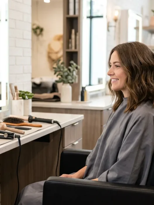 Professional salon station with styling tools arranged for shoulder length hair appointment
