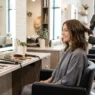 Professional salon station with styling tools arranged for shoulder length hair appointment