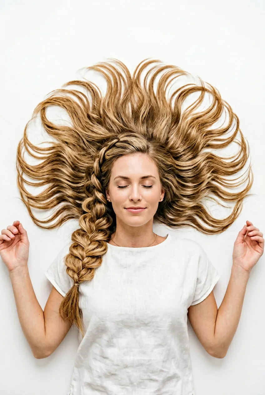Honey blonde long hair in loose side braid with pulled sections overhead on white surface