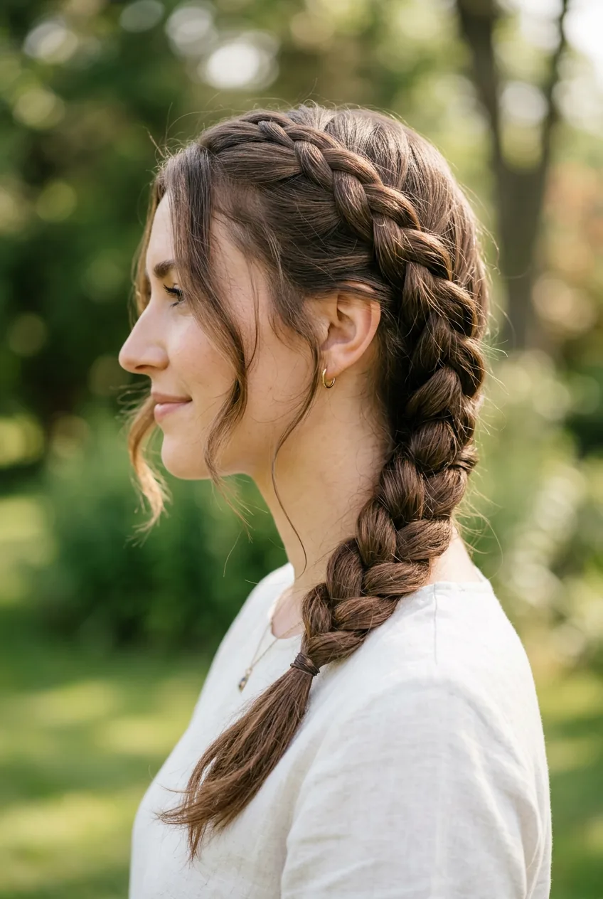Woman with side braid draped over shoulder showing asymmetrical styling with loose face pieces