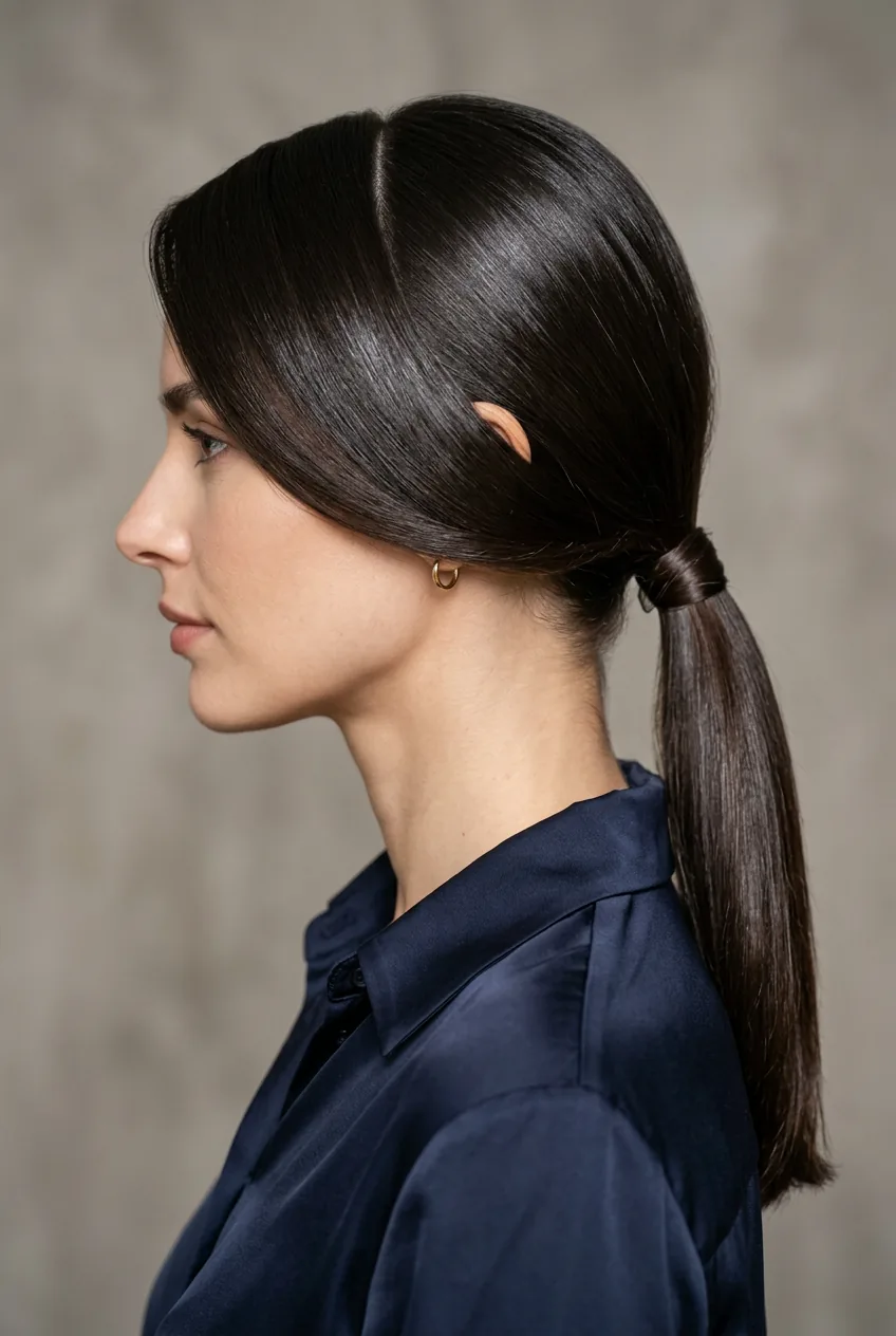 Side angle of woman with deep side-parted ponytail showing asymmetrical sweep styling