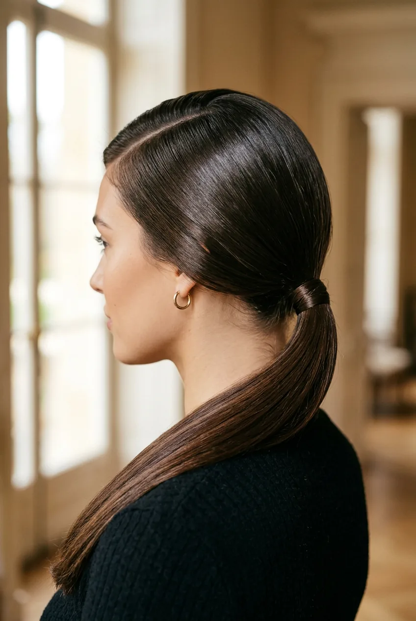 Side-swept sleek ponytail with deep asymmetrical part and elegant low positioning