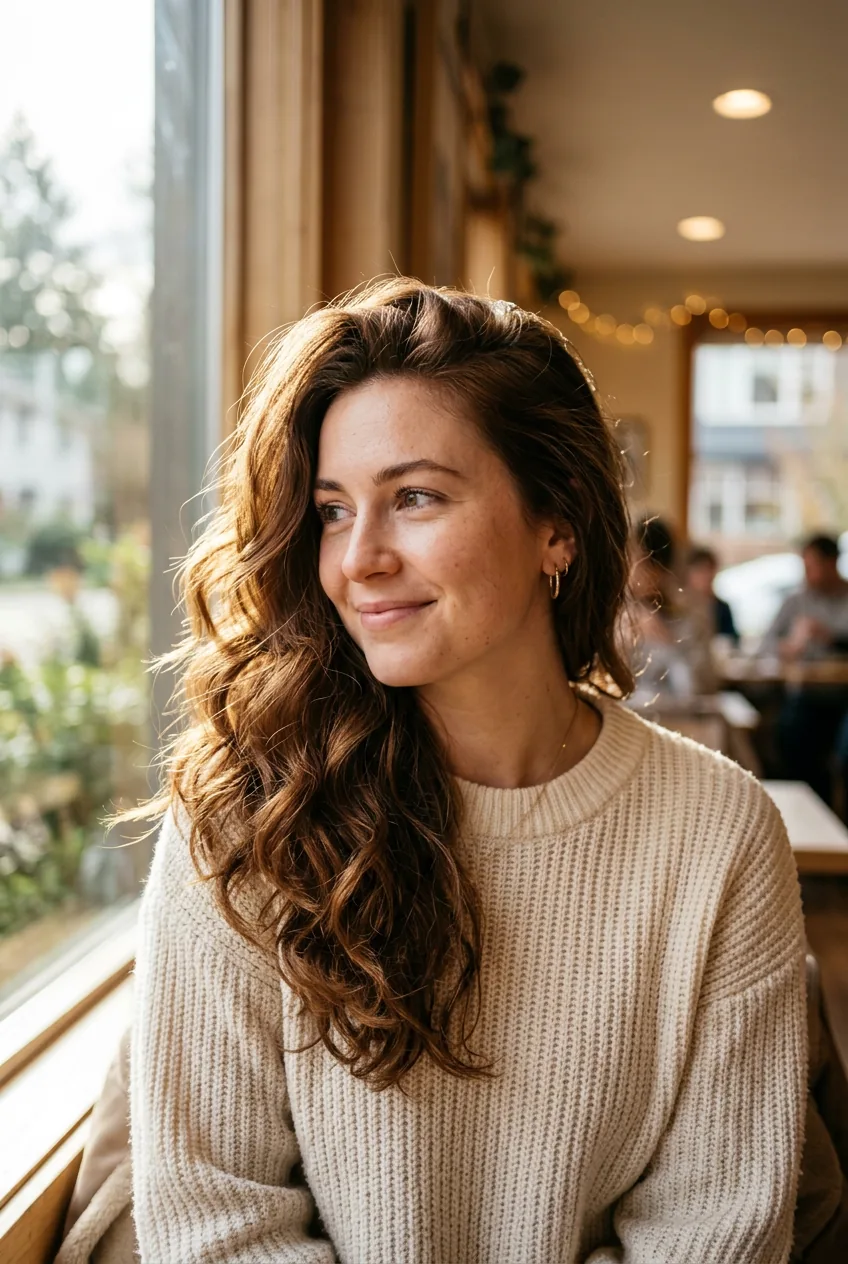 Woman with tousled beach waves dramatically swept to one side in window light