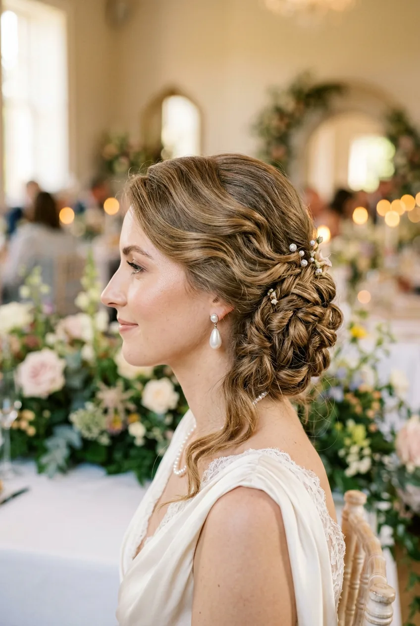 Elegant side-swept chignon positioned asymmetrically behind one ear for wedding guest look