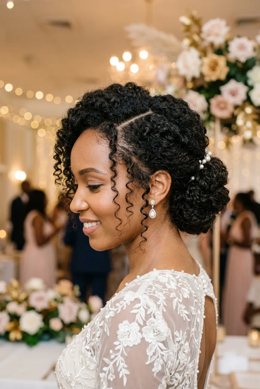 Side-swept updo on thick curly hair with dramatic part and face-framing curls