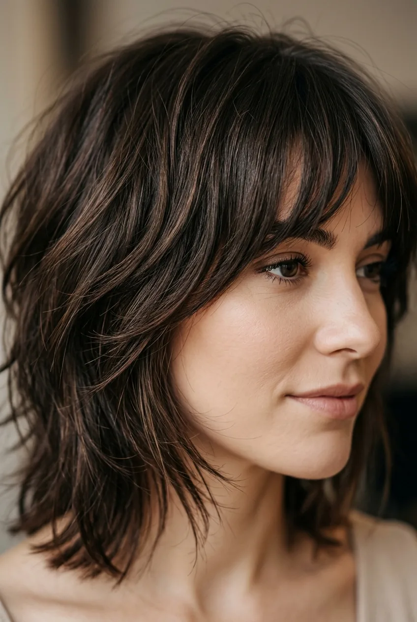 Shag haircut with side-swept bangs styled in a polished yet textured finish