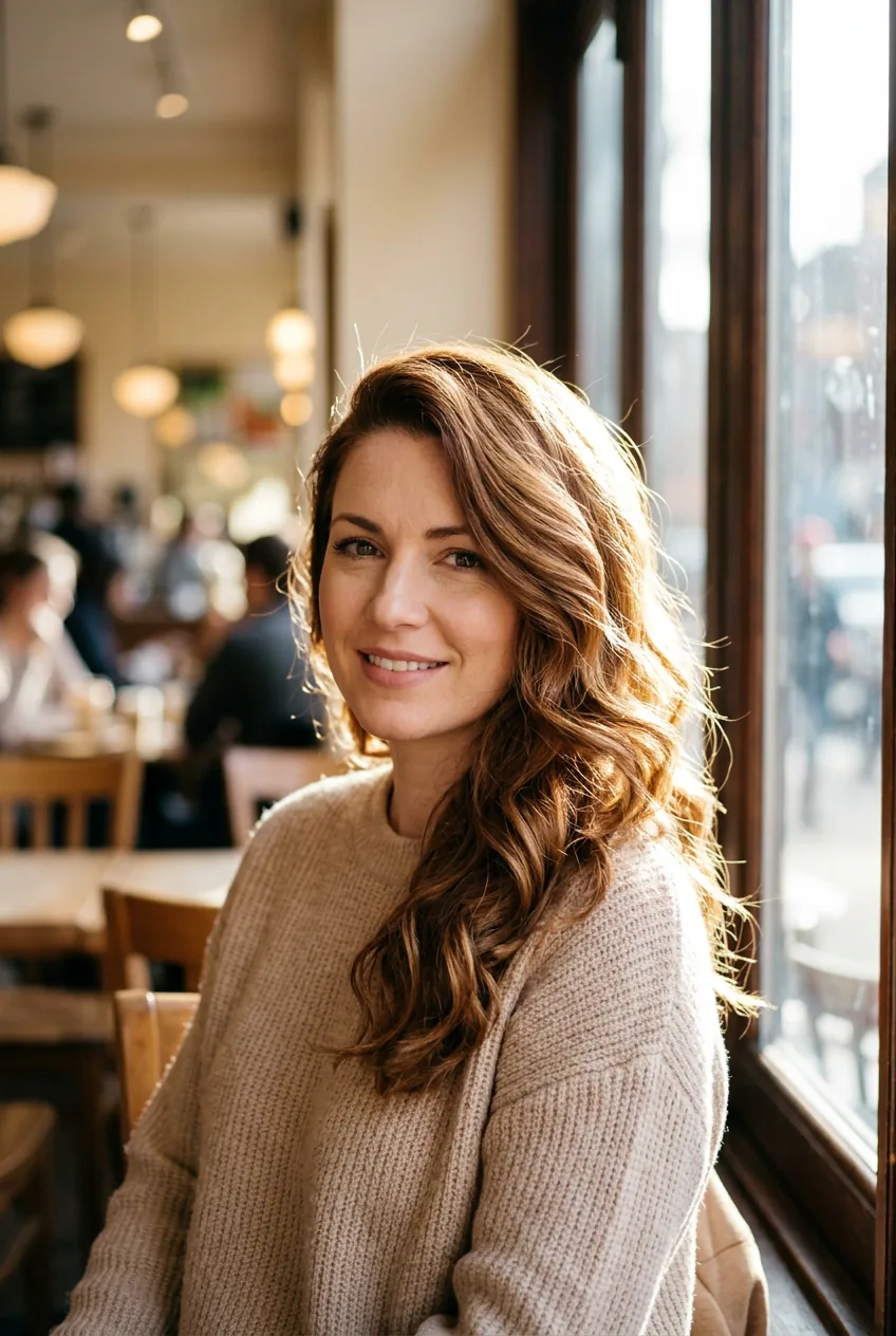 Woman with side-swept waves and dramatic deep part in natural lighting