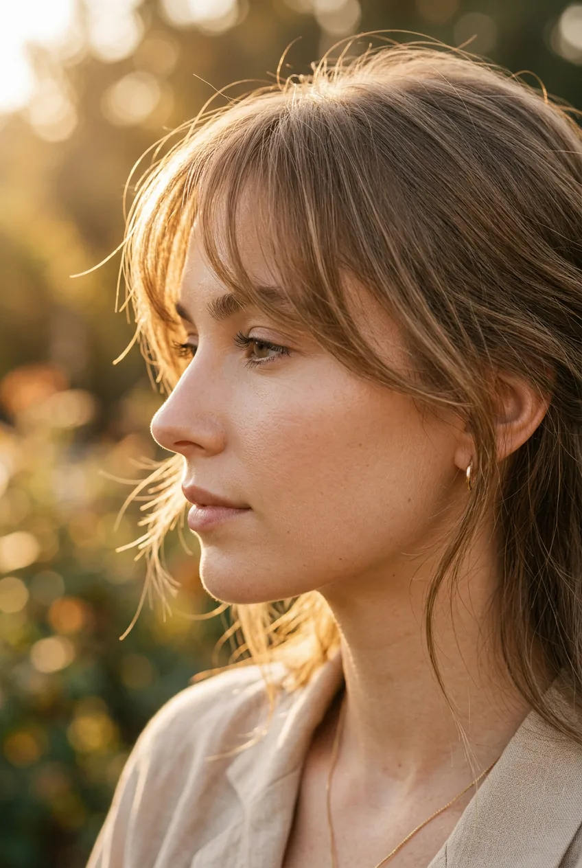 Profile view of woman with soft side-swept wispy bangs catching warm golden light