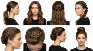 Collection showing various simple hairstyles from easy ponytails to complex updos arranged by difficulty level
