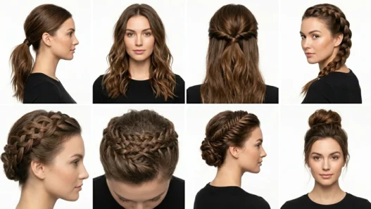 Collection showing various simple hairstyles from easy ponytails to complex updos arranged by difficulty level