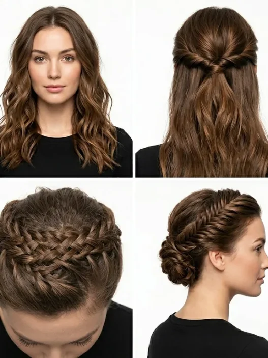 Collection showing various simple hairstyles from easy ponytails to complex updos arranged by difficulty level