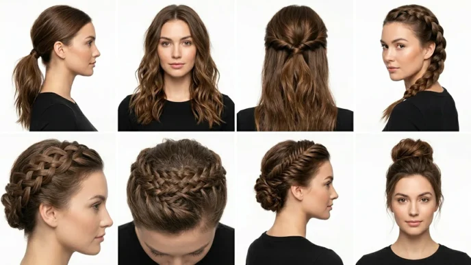 Collection showing various simple hairstyles from easy ponytails to complex updos arranged by difficulty level