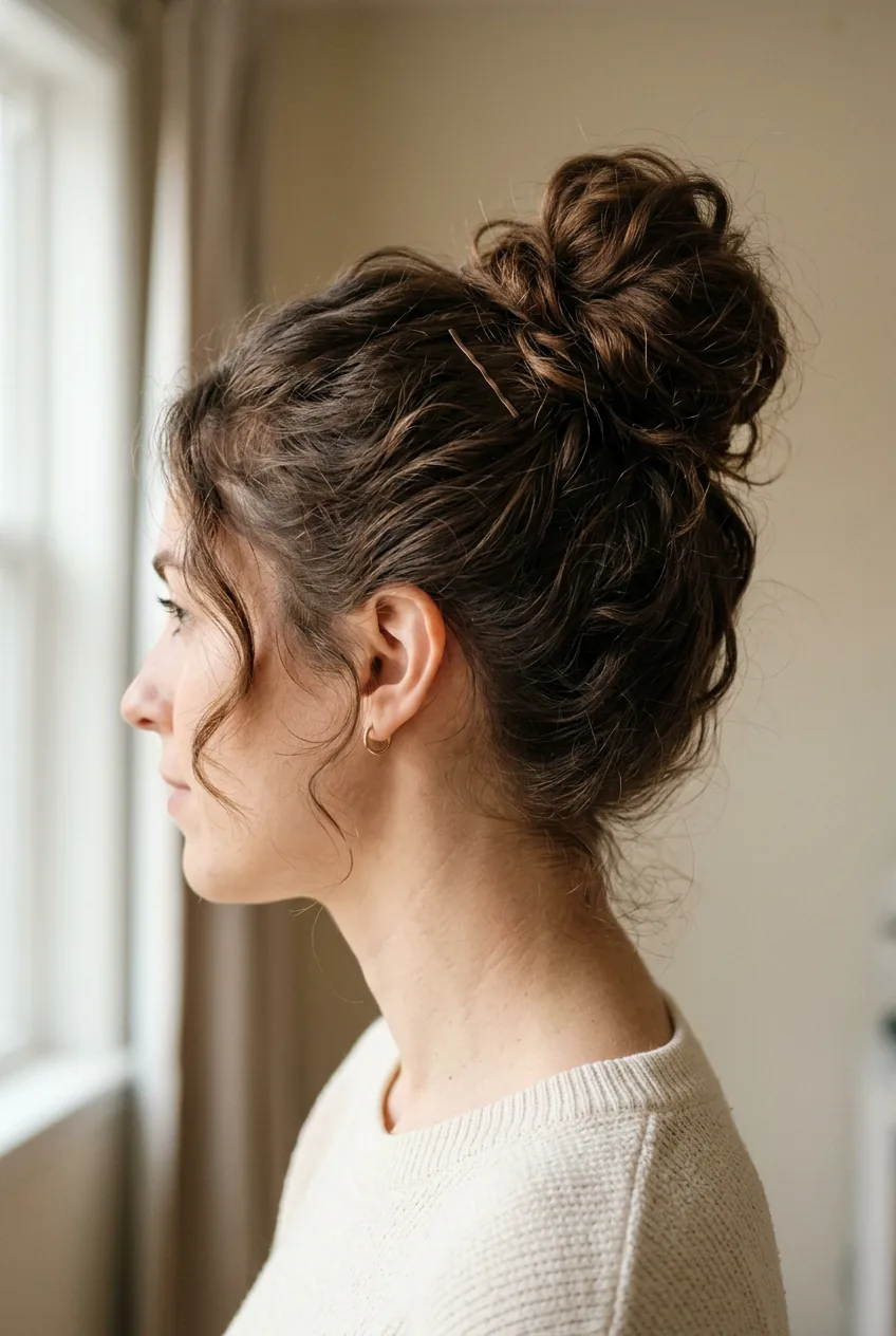 Woman with simple high bun hairstyle showing natural texture at crown level