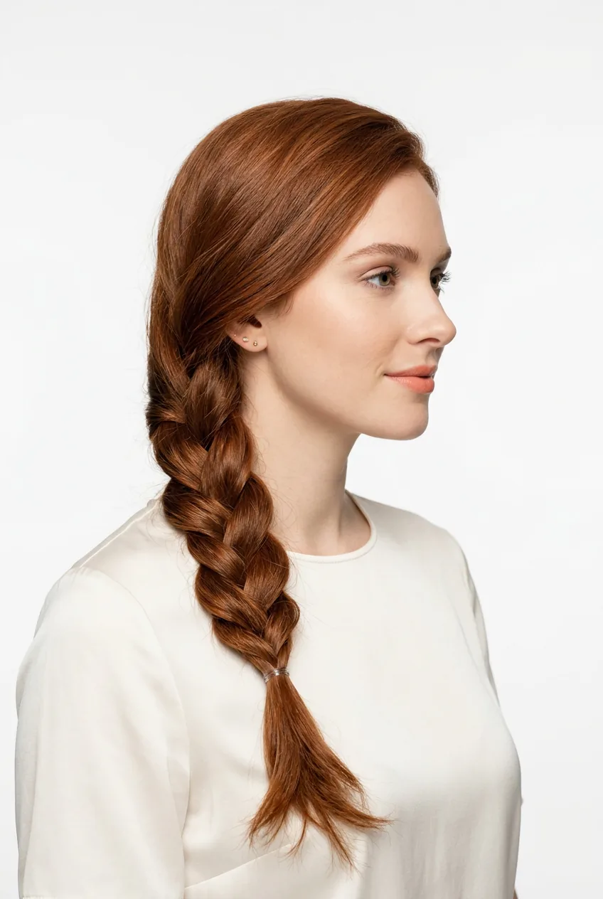 Auburn-haired woman with simple three-strand side braid swept over one shoulder