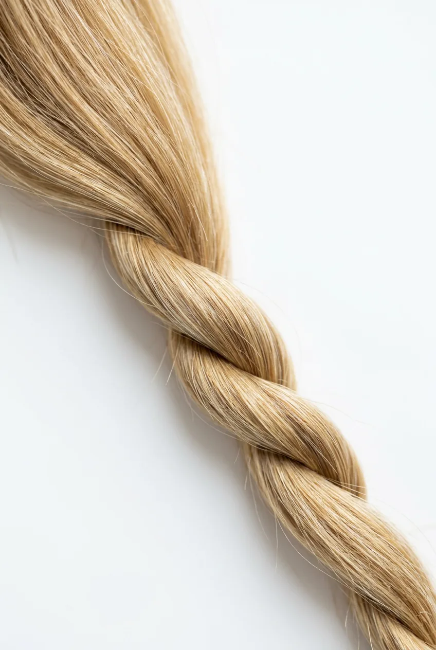Simple two-strand twist in blonde hair demonstrating basic twisting technique against clean white background