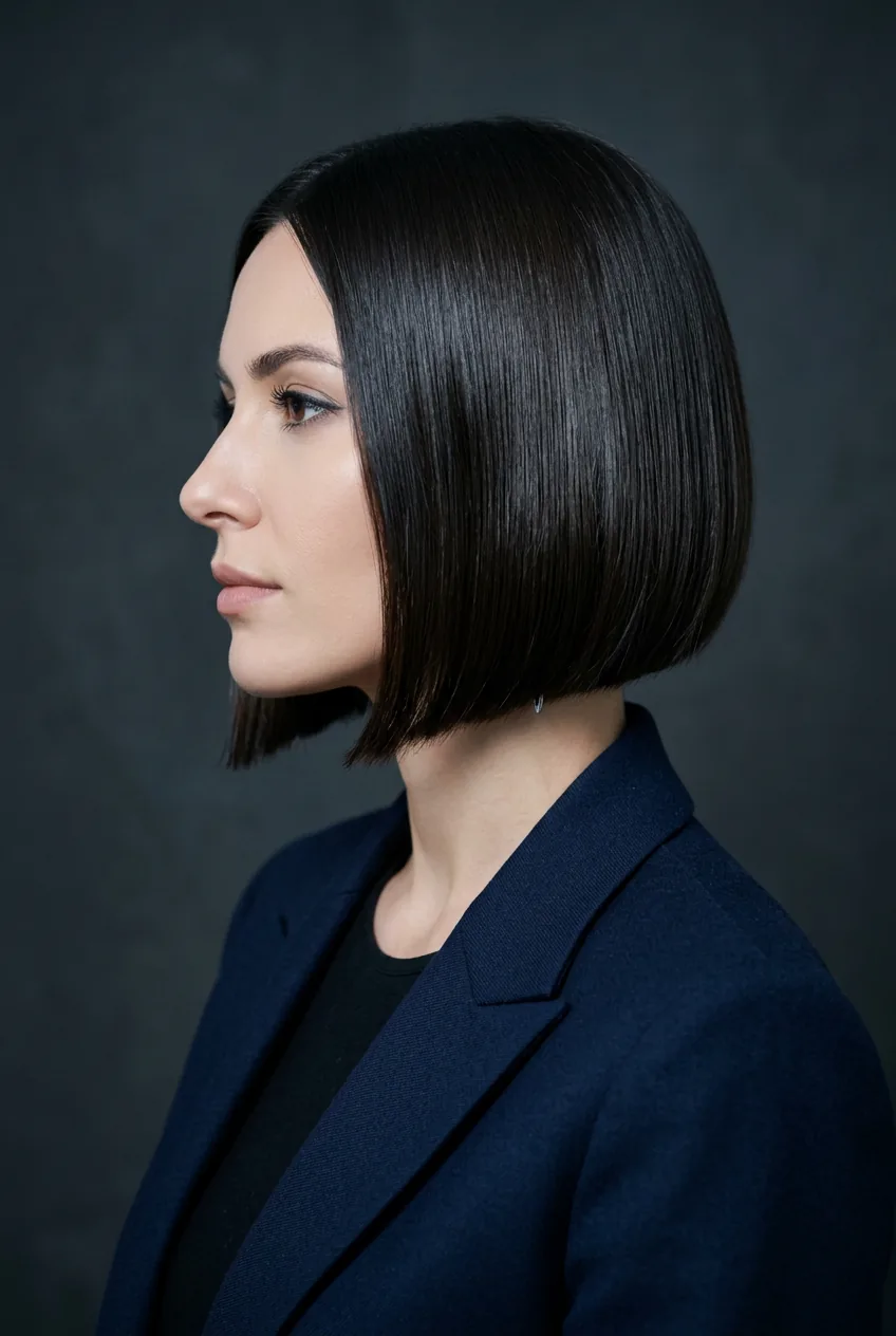 Professional woman with sleek geometric bob cut photographed from side angle