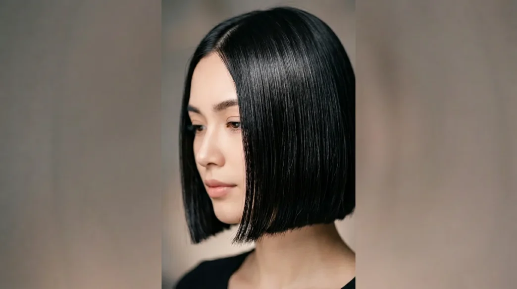 Woman with sleek chin-length bob showing glossy finish in soft studio lighting