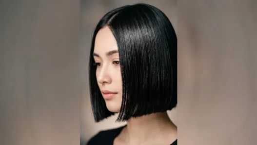 Woman with sleek chin-length bob showing glossy finish in soft studio lighting