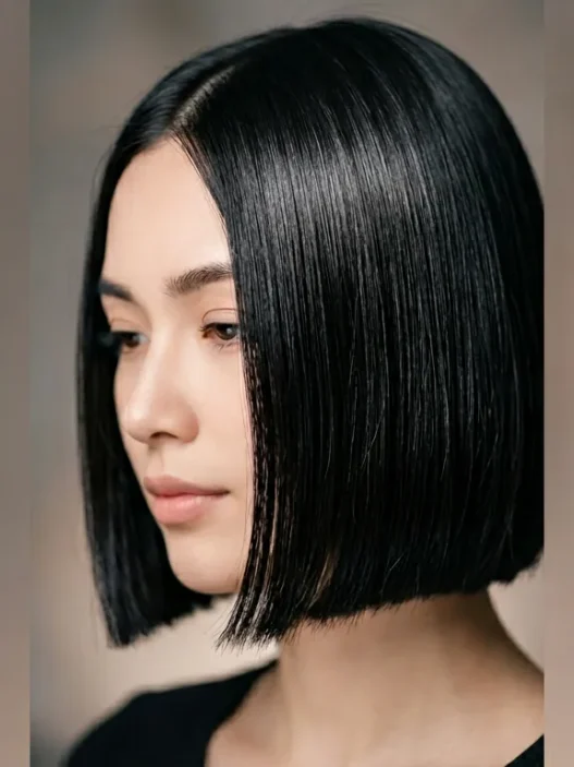 Woman with sleek chin-length bob showing glossy finish in soft studio lighting