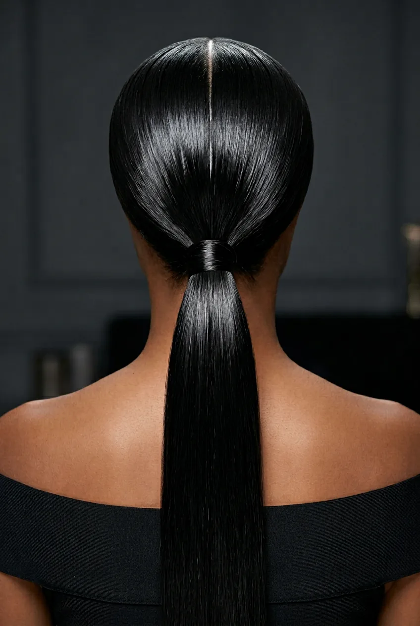Perfect center-parted sleek ponytail from behind showing glass-like smooth finish