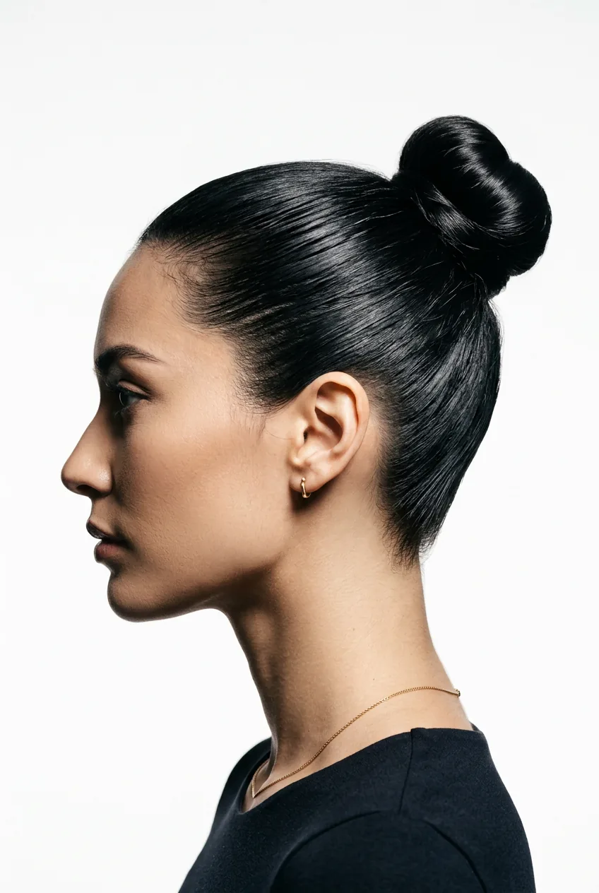 Sleek high ballet bun with smooth finish in jet black hair against white background