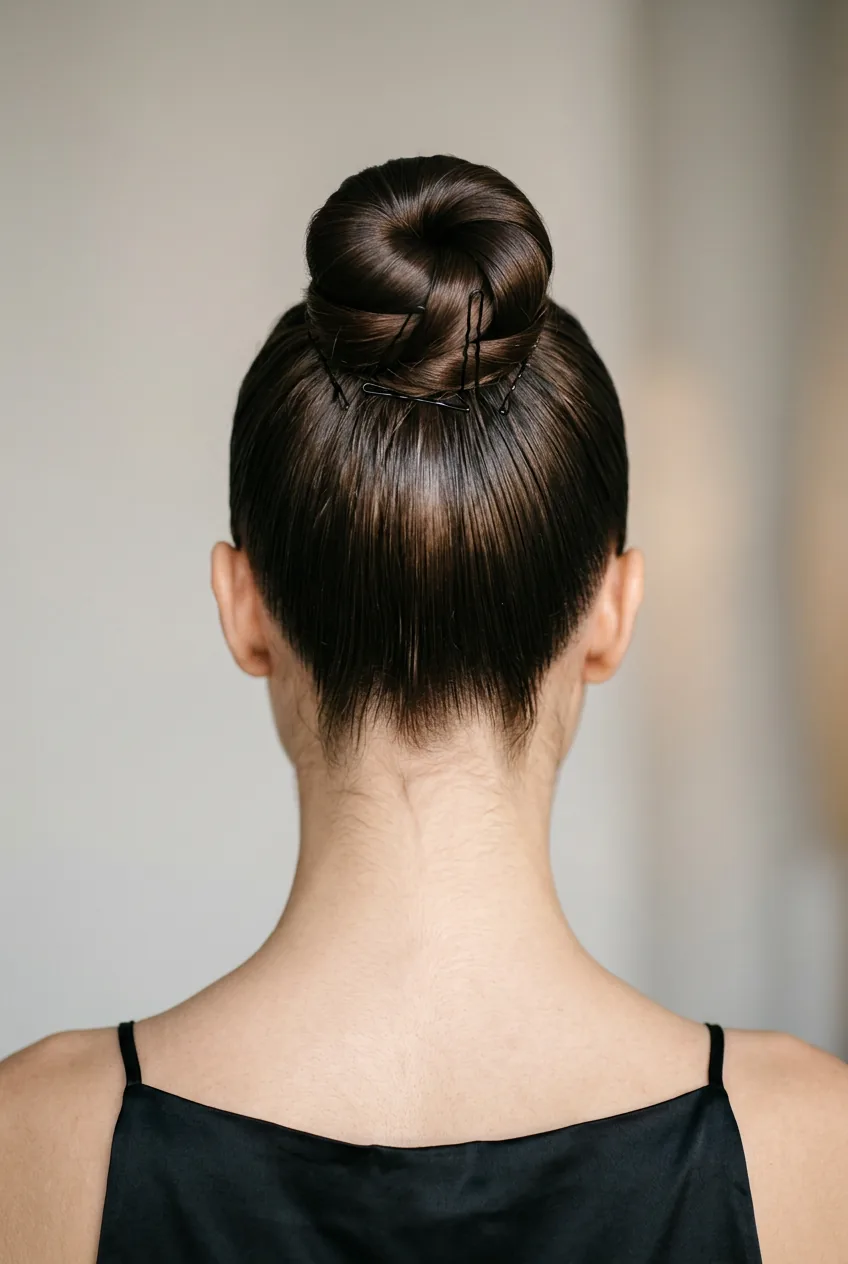 Close-up of sleek high bun positioned at crown showing bobby pin placement and smooth sections