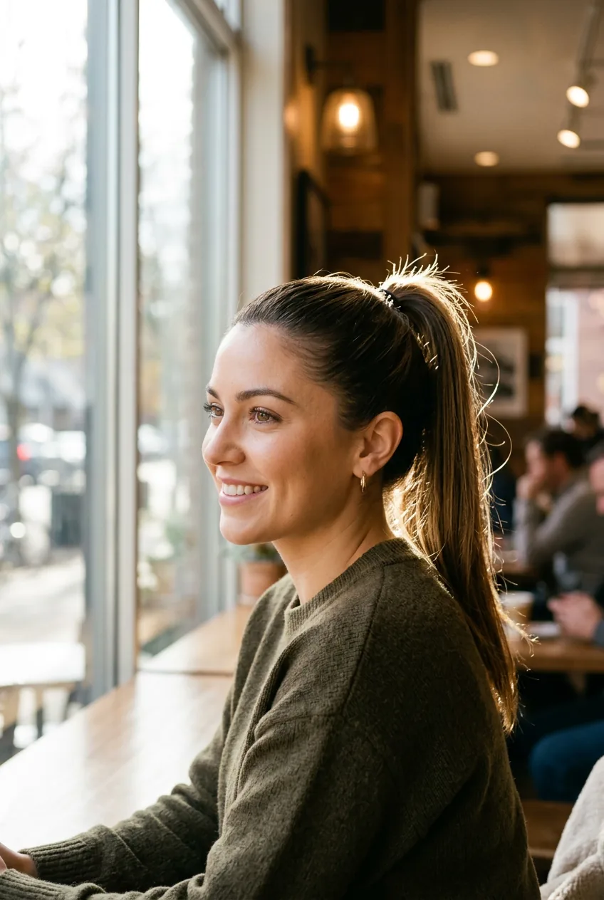 Woman with sleek high ponytail and smooth finish in soft natural window light