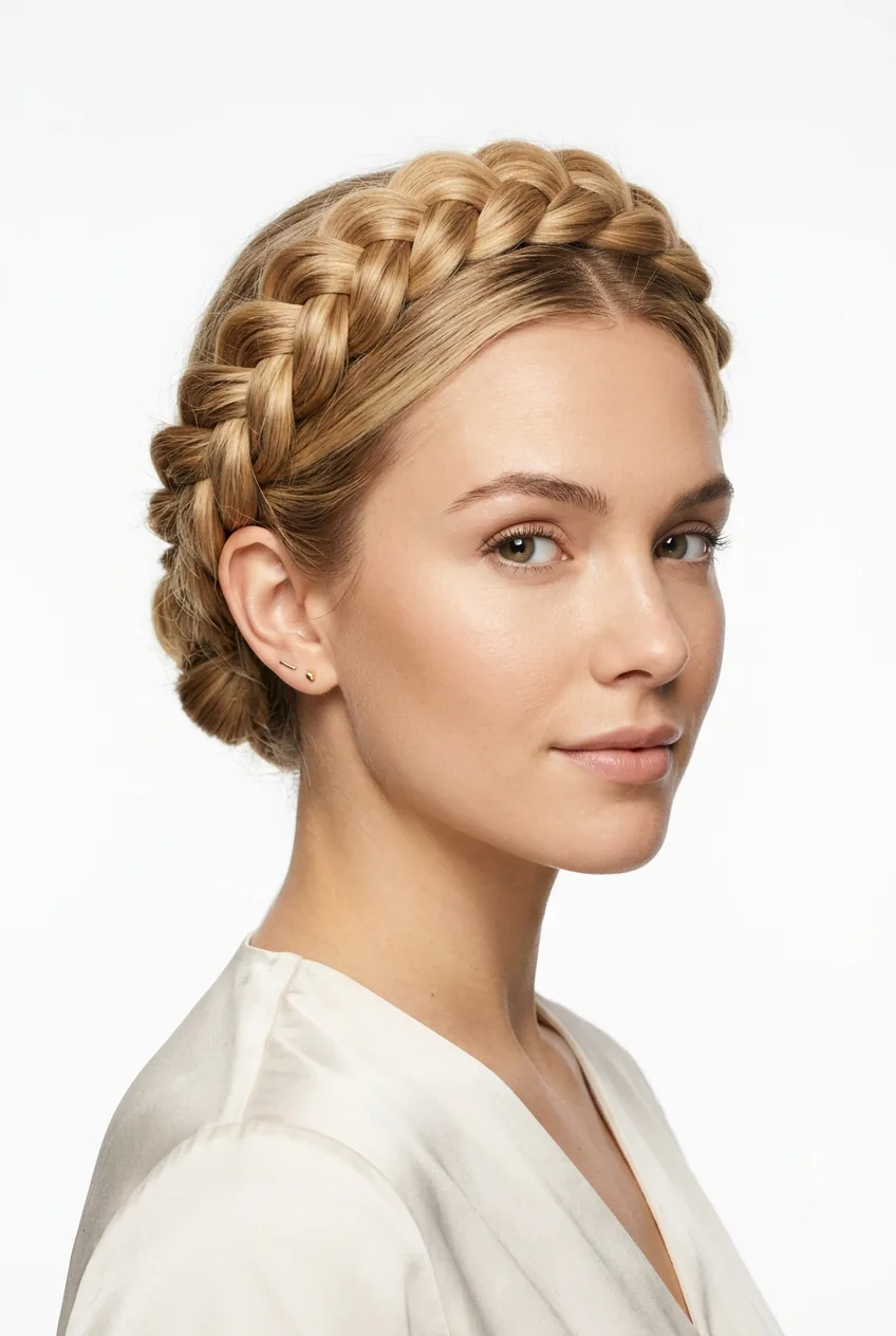 Woman with glossy black hair pulled into perfectly smooth low bun at nape