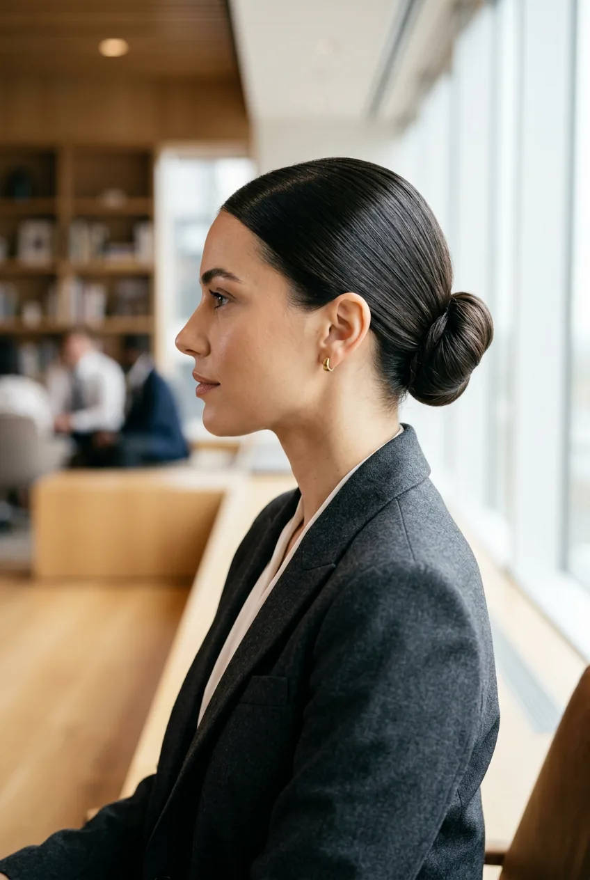 Professional woman with sleek low bun showing clean middle part and smooth texture