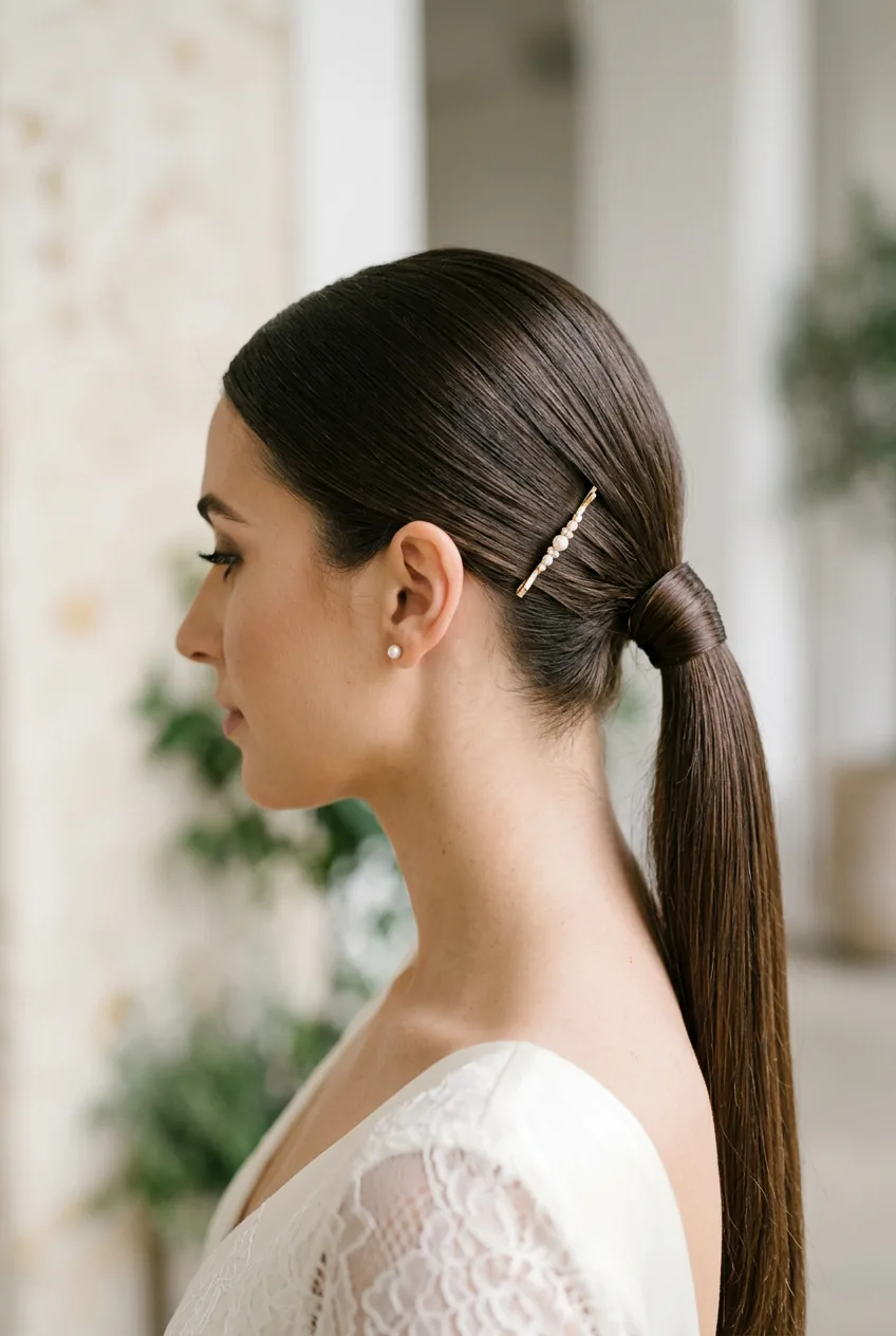 Sleek low ponytail with hair wrapped around elastic and minimalist accessory