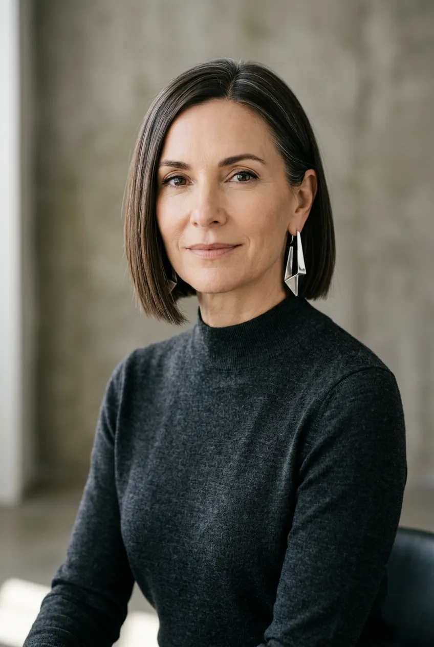 Sleek modern bob haircut with precise clean lines on mature woman