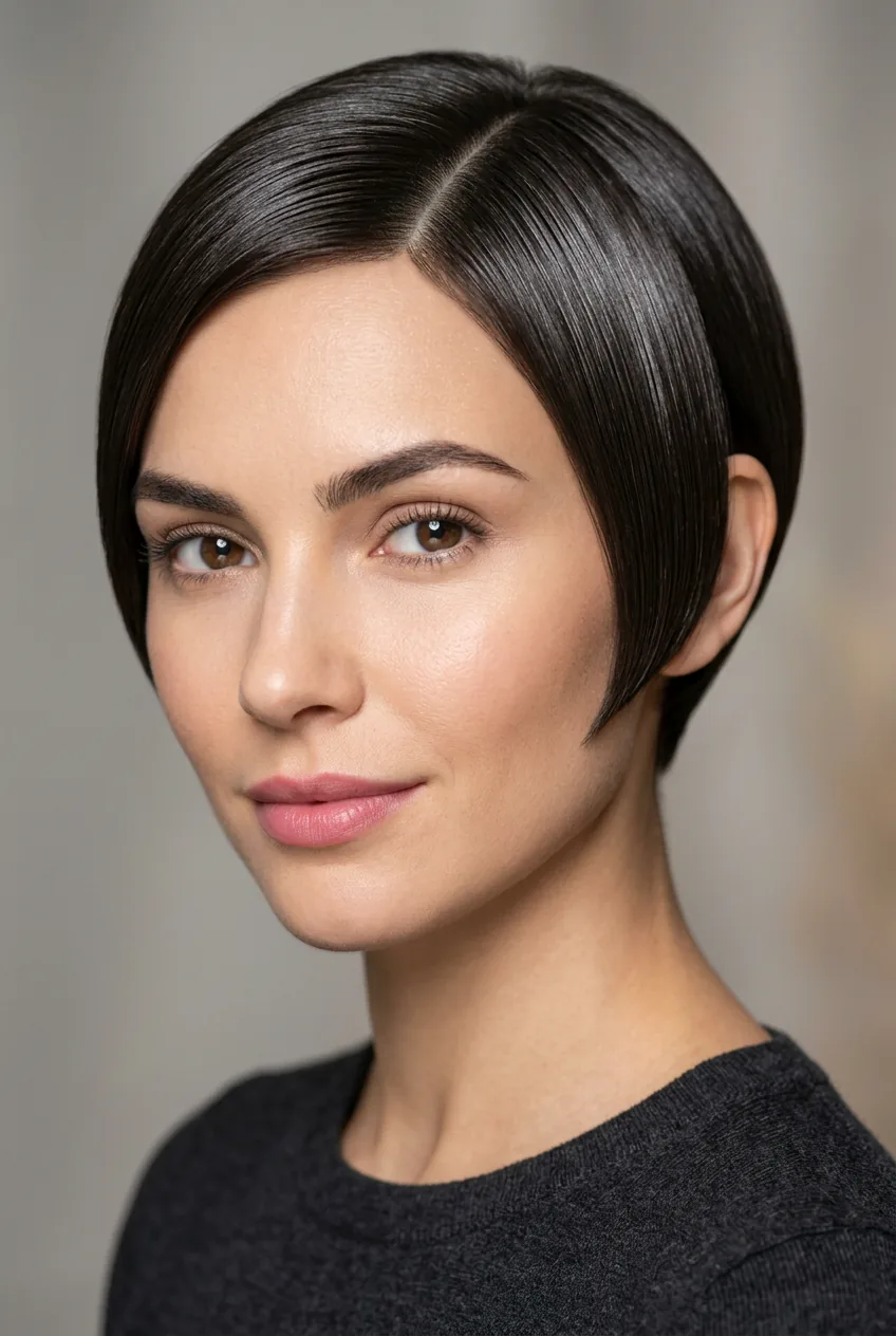Woman with sleek pixie cut displaying glossy finish and precise short styling