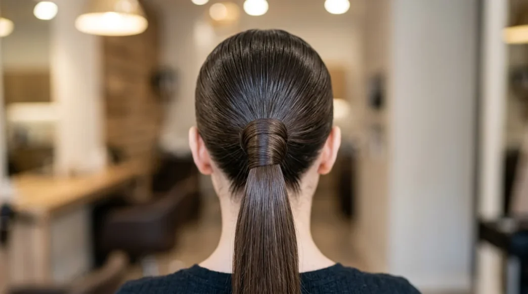 Close-up view of sleek ponytail base showing hair gathering technique and wrapped elastic detail