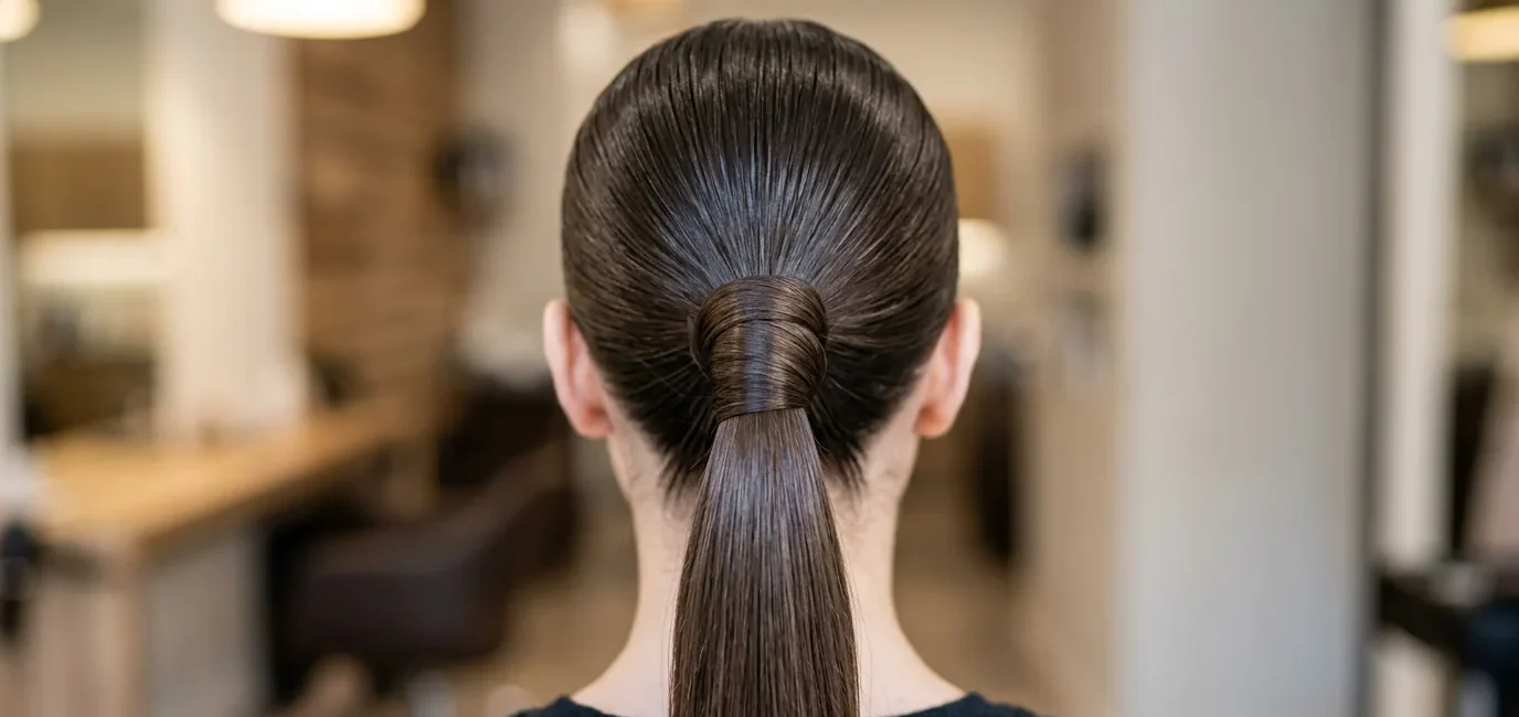 Close-up view of sleek ponytail base showing hair gathering technique and wrapped elastic detail