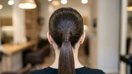 Close-up view of sleek ponytail base showing hair gathering technique and wrapped elastic detail