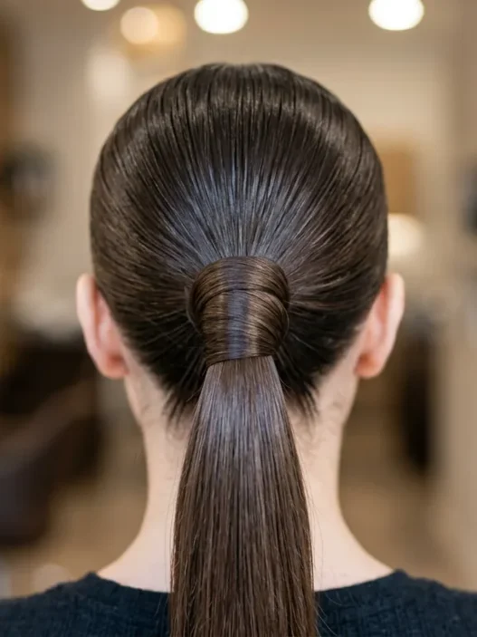 Close-up view of sleek ponytail base showing hair gathering technique and wrapped elastic detail
