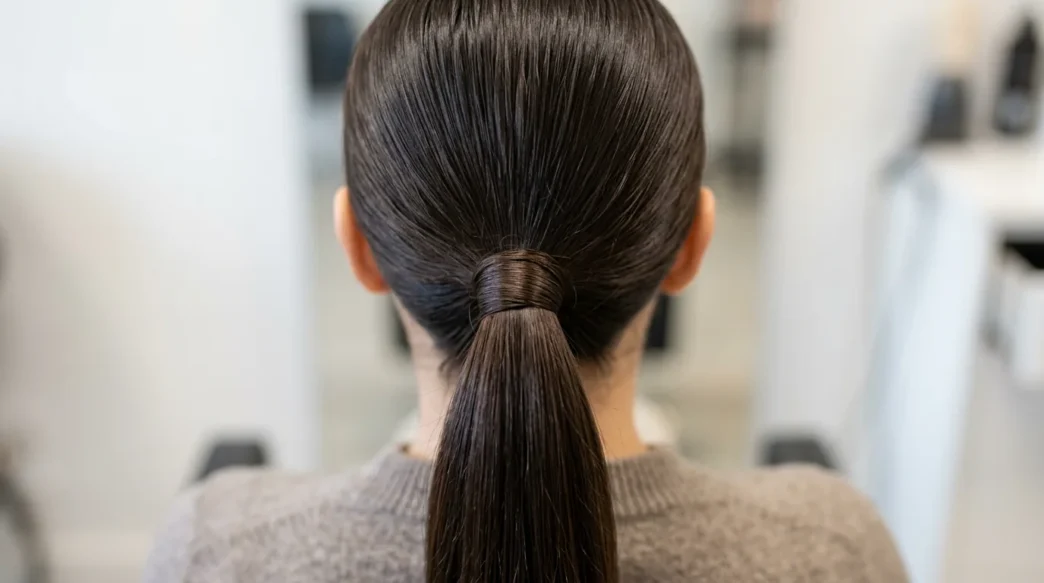 Close-up view of sleek ponytail base showing hair gathering mechanics and wrapped elastic detail
