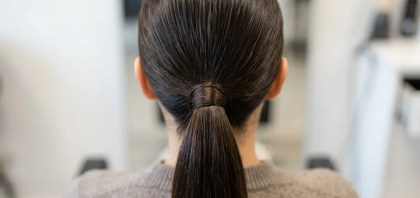 Close-up view of sleek ponytail base showing hair gathering mechanics and wrapped elastic detail