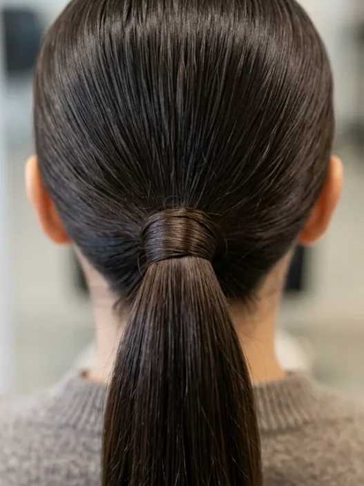 Close-up view of sleek ponytail base showing hair gathering mechanics and wrapped elastic detail