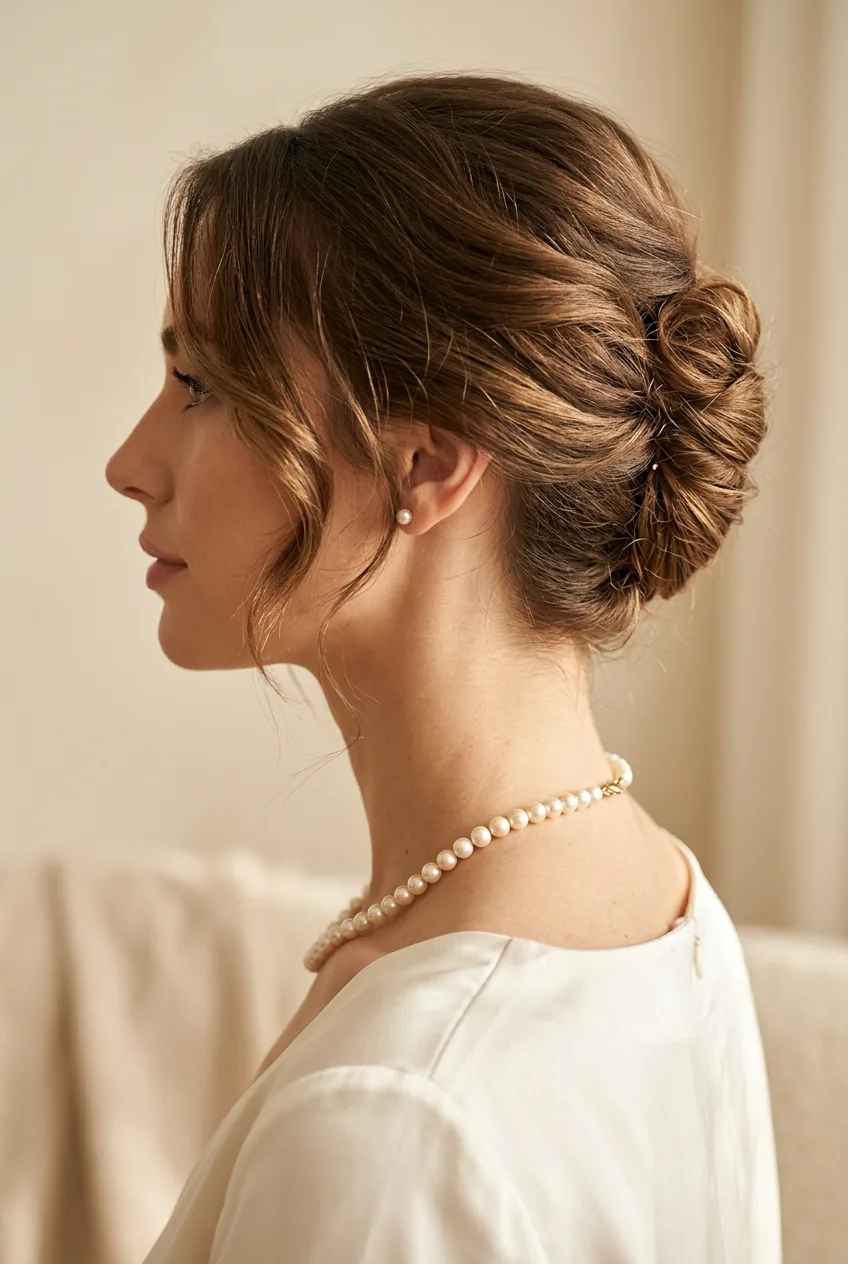 Back view of sleek low ponytail on thick dark hair with smooth top section