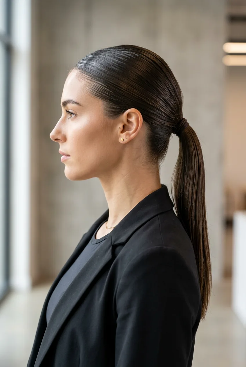 Slicked-back low ponytail showing gel finish perfect for gym-to-office transition