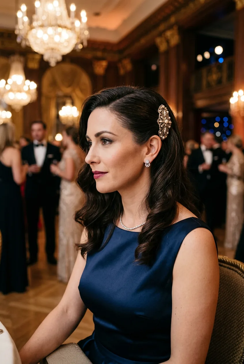 Sophisticated asymmetrical hairstyle with one side swept back and elegant pin