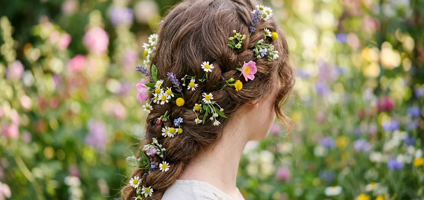 Woman's hair adorned with small wildflowers in garden setting with soft natural light and romantic styling