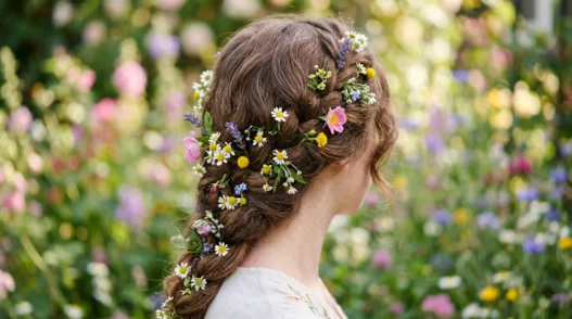 Woman's hair adorned with small wildflowers in garden setting with soft natural light and romantic styling