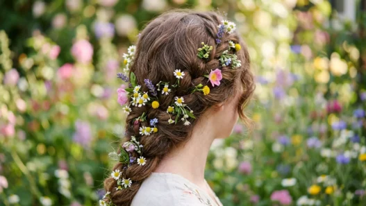 Woman's hair adorned with small wildflowers in garden setting with soft natural light and romantic styling