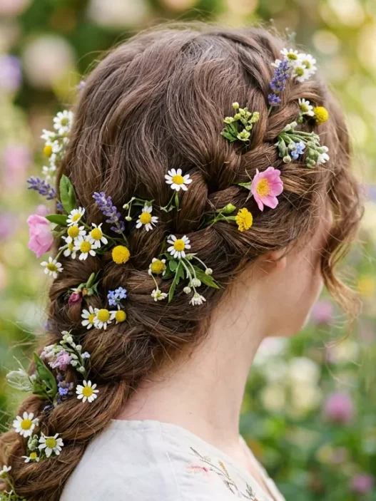 Woman's hair adorned with small wildflowers in garden setting with soft natural light and romantic styling